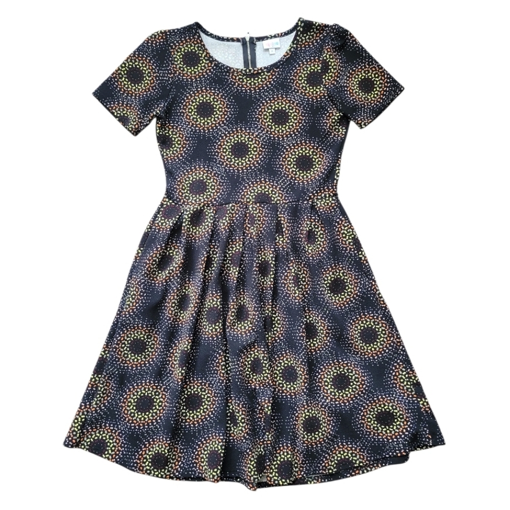 Lularoe Amelia Dress Fit & Flare Black & Multi Color Burst Pattern MD